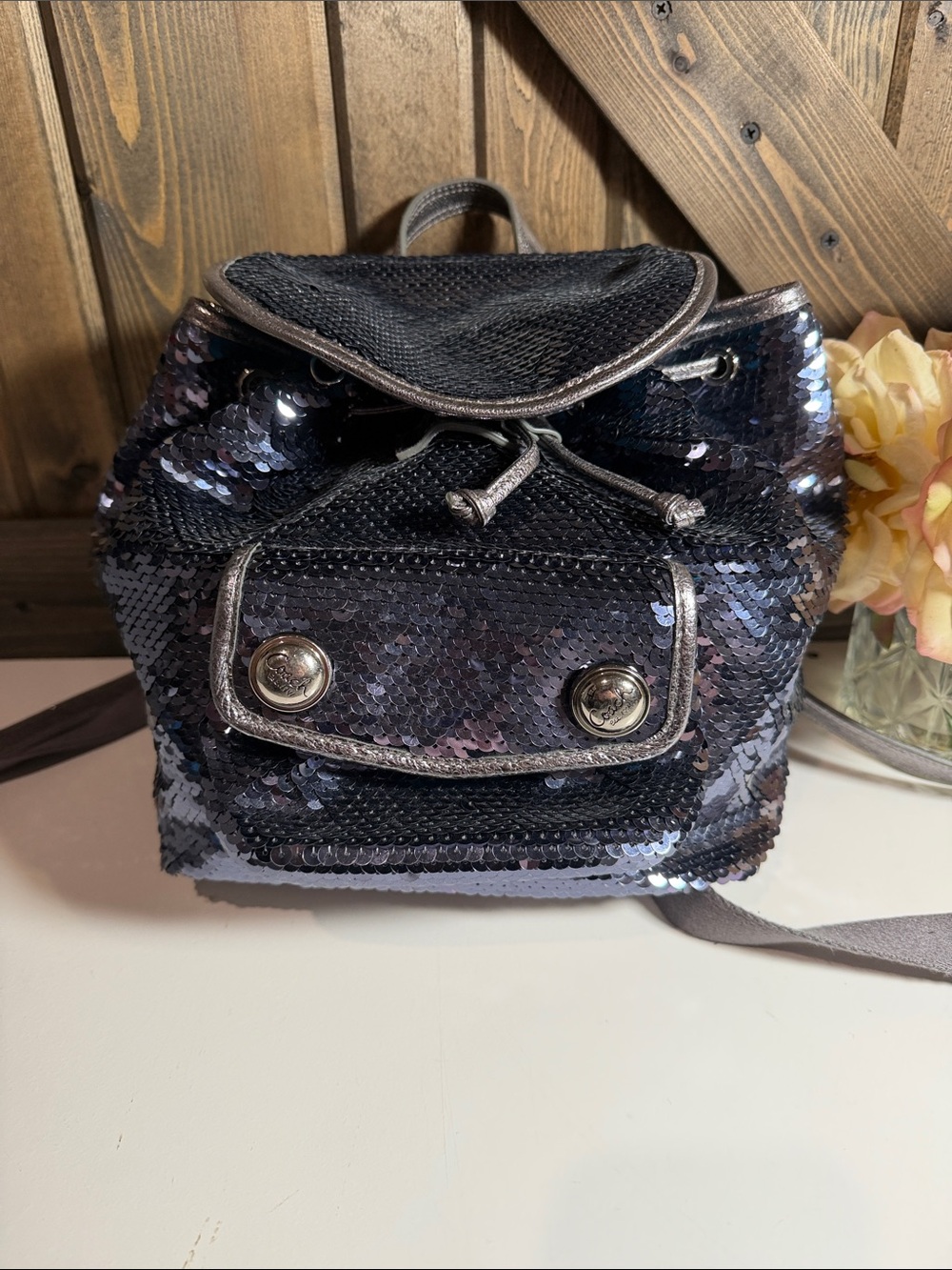 Coach Midnight Blue Sequin Mini Backpack with Silver Trim - Picture 2 of 9